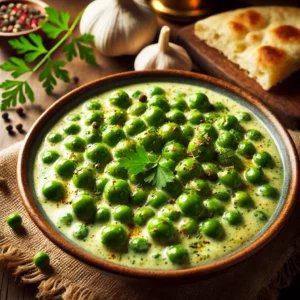 A beautifully plated dish of Green Peas in a Creamy Sauce, featuring tender green peas simmered in a rich, velvety cream sauce infused with butter, garlic, and mild spices. The dish has a vibrant green hue with a smooth, golden-white sauce coating the peas. Garnished with freshly chopped parsley and a sprinkle of black pepper, it is served in a rustic ceramic bowl. Accompanied by warm naan or crusty bread, the bowl rests on a wooden table with soft, warm lighting enhancing the inviting and comforting presentation.