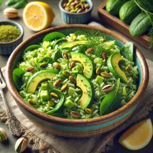 Green pistachio avocado rice salad with fluffy rice, diced avocado, pistachios, spinach, and cucumbers, garnished with dill and lemon vinaigrette, served in a rustic bowl on a wooden table with lemon wedges