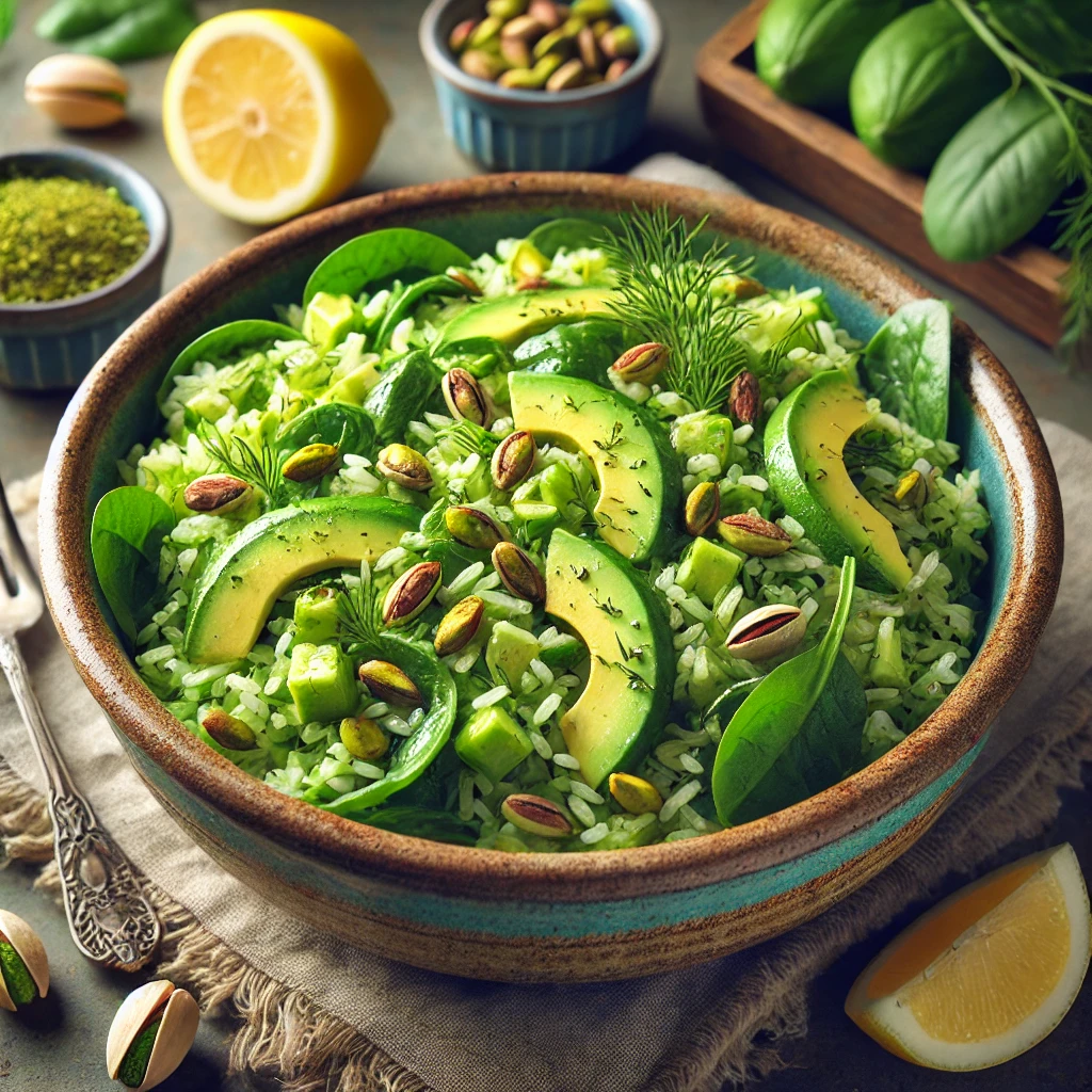 Green pistachio avocado rice salad with fluffy rice, diced avocado, pistachios, spinach, and cucumbers, garnished with dill and lemon vinaigrette, served in a rustic bowl on a wooden table with lemon wedges