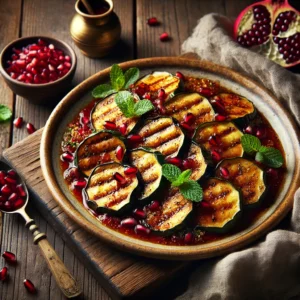 Aubergine with Pomegranate Dressing served on an artisan ceramic plate, featuring golden-brown fried aubergine and courgette slices, drizzled with pomegranate molasses dressing, and garnished with fresh mint leaves and pomegranate seeds. The dish is styled on a rustic wooden table with a small bowl of pomegranate seeds, a wooden spoon with extra dressing, and a linen napkin.