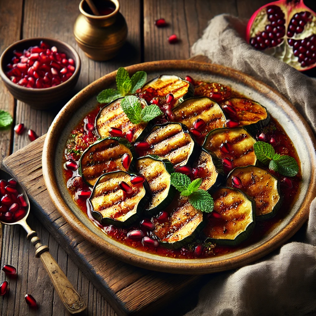 Aubergine with Pomegranate Dressing served on an artisan ceramic plate, featuring golden-brown fried aubergine and courgette slices, drizzled with pomegranate molasses dressing, and garnished with fresh mint leaves and pomegranate seeds. The dish is styled on a rustic wooden table with a small bowl of pomegranate seeds, a wooden spoon with extra dressing, and a linen napkin.