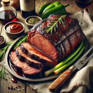 A rustic ceramic platter with a barbecued chuck roast sits on a wooden table. The roast is thick and juicy, grilled to perfection with charred edges and a rich glaze from the marinade. Sliced into hearty portions, it is garnished with fresh rosemary and chopped green onions. Beside the platter are a small bowl of extra marinade, celery stalks, green pepper pieces, and a bottle of burgundy wine. Grilling tongs and a folded linen napkin complete the cozy presentation. Soft natural light highlights the caramelized edges and tender texture of the meat.