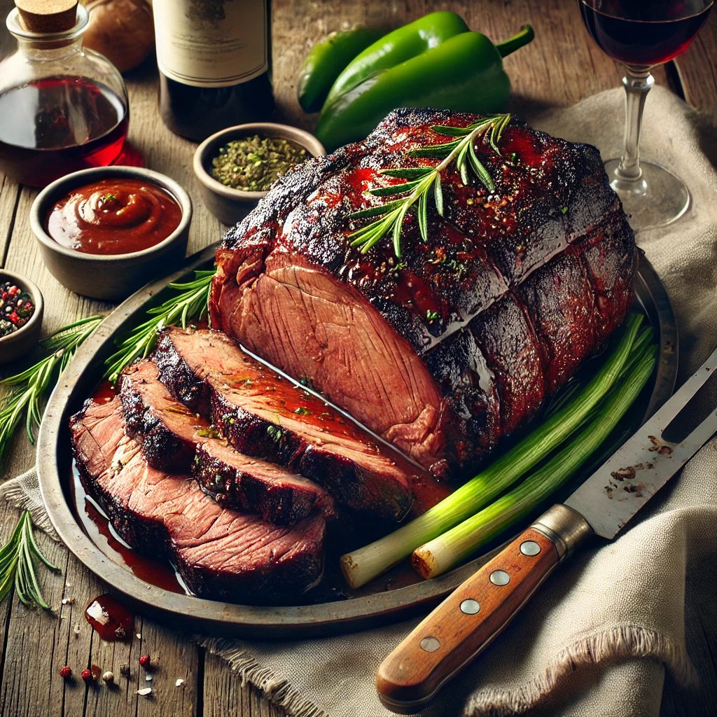 A rustic ceramic platter with a barbecued chuck roast sits on a wooden table. The roast is thick and juicy, grilled to perfection with charred edges and a rich glaze from the marinade. Sliced into hearty portions, it is garnished with fresh rosemary and chopped green onions. Beside the platter are a small bowl of extra marinade, celery stalks, green pepper pieces, and a bottle of burgundy wine. Grilling tongs and a folded linen napkin complete the cozy presentation. Soft natural light highlights the caramelized edges and tender texture of the meat.