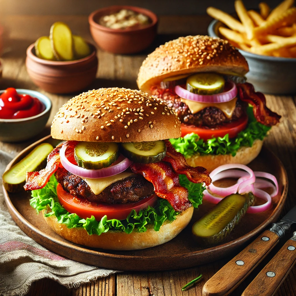toasted sesame seed bun sandwiching a grilled vegan patty, crispy vegan bacon, melted cheese, lettuce, tomato, and red onion, served with pickle spears, golden fries, and ketchup on a rustic wooden table.