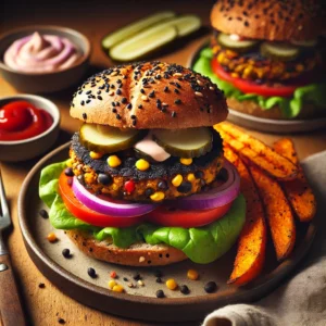 Grilled Black Bean Veggie Burgers with plant-based patties, served on toasted whole-grain buns with lettuce, tomatoes, red onions, and vegan mayo, accompanied by pickle slices and sweet potato fries on a rustic wooden table.
