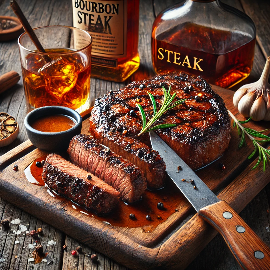 A wooden serving board with bourbon steak sits on a rustic wooden table. The steak is perfectly grilled, with visible char marks and a glossy bourbon glaze, sliced into thick, juicy pieces. Garnished with fresh rosemary, the dish is accompanied by a small bowl of extra bourbon glaze. Scattered around the setup are soaked apple wood chips, garlic cloves, and a bottle of bourbon. Soft natural light highlights the caramelized texture of the steak and the smoky, rich tones of the presentation.