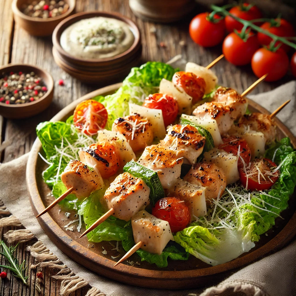 A plate of grilled chicken Caesar skewers with juicy grilled chicken, crisp romaine lettuce, and cherry tomatoes, drizzled with creamy Caesar dressing on a rustic wooden table. Garnished with shaved Parmesan and black pepper, with a small bowl of dressing for dipping. A cozy napkin and wooden plate enhance the warm, inviting atmosphere.
