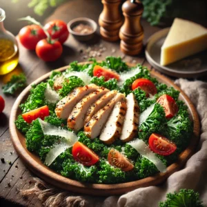A plate of Grilled Chicken Kale Caesar Salad with fresh Tuscan kale, creamy Caesar dressing, juicy grilled chicken breast slices, and halved red grape tomatoes on a rustic wooden table. Topped with freshly grated Parmesan, with a cozy napkin and wooden plate enhancing the warm, inviting atmosphere.