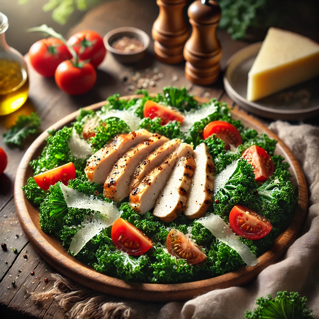 A plate of Grilled Chicken Kale Caesar Salad with fresh Tuscan kale, creamy Caesar dressing, juicy grilled chicken breast slices, and halved red grape tomatoes on a rustic wooden table. Topped with freshly grated Parmesan, with a cozy napkin and wooden plate enhancing the warm, inviting atmosphere.