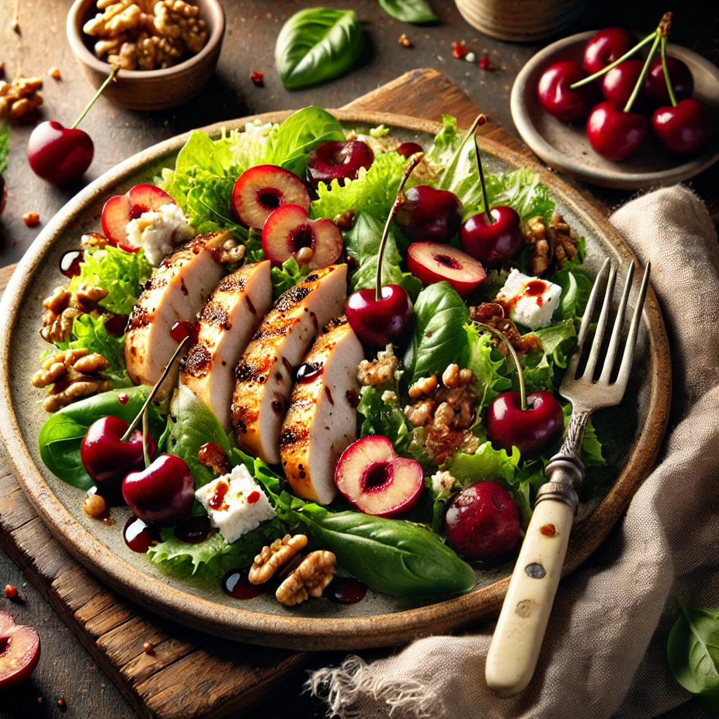 A plate of grilled chicken salad with cherry-balsamic vinaigrette on a rustic wooden table. The salad features grilled chicken slices over mixed greens, fresh cherries, crumbled goat cheese, and toasted walnuts, drizzled with cherry-balsamic vinaigrette. Garnished with fresh basil leaves, with a serving fork lifting a bite. A cozy napkin and wooden plate enhance the warm, inviting atmosphere.