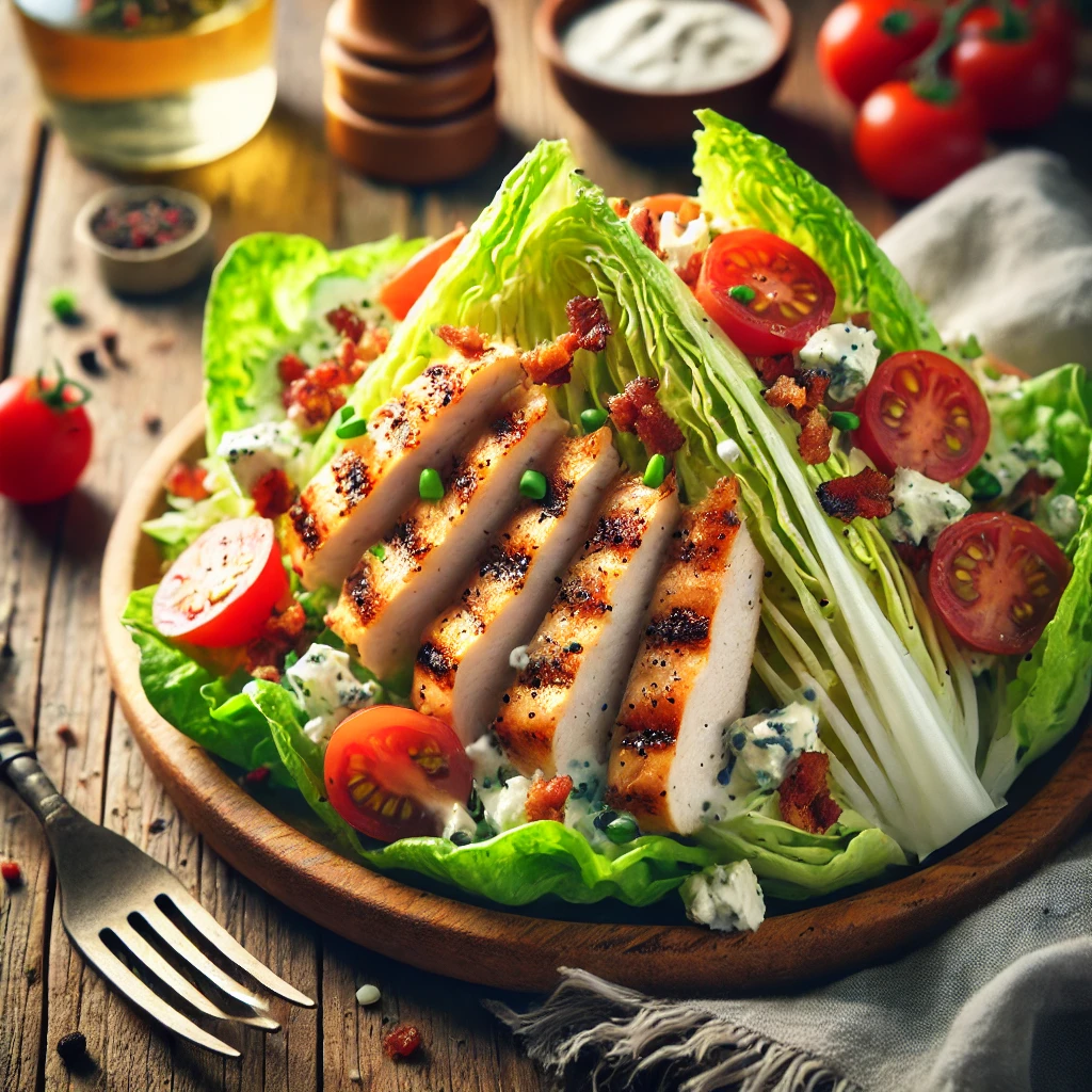 A plate of grilled chicken wedge salad with a crisp iceberg lettuce wedge, juicy grilled chicken slices, cherry tomatoes, crumbled blue cheese, and crispy bacon on a rustic wooden table. Drizzled with creamy ranch dressing and garnished with black pepper and chopped chives, with a serving fork lifting a bite. A cozy napkin and wooden plate enhance the warm, inviting atmosphere.