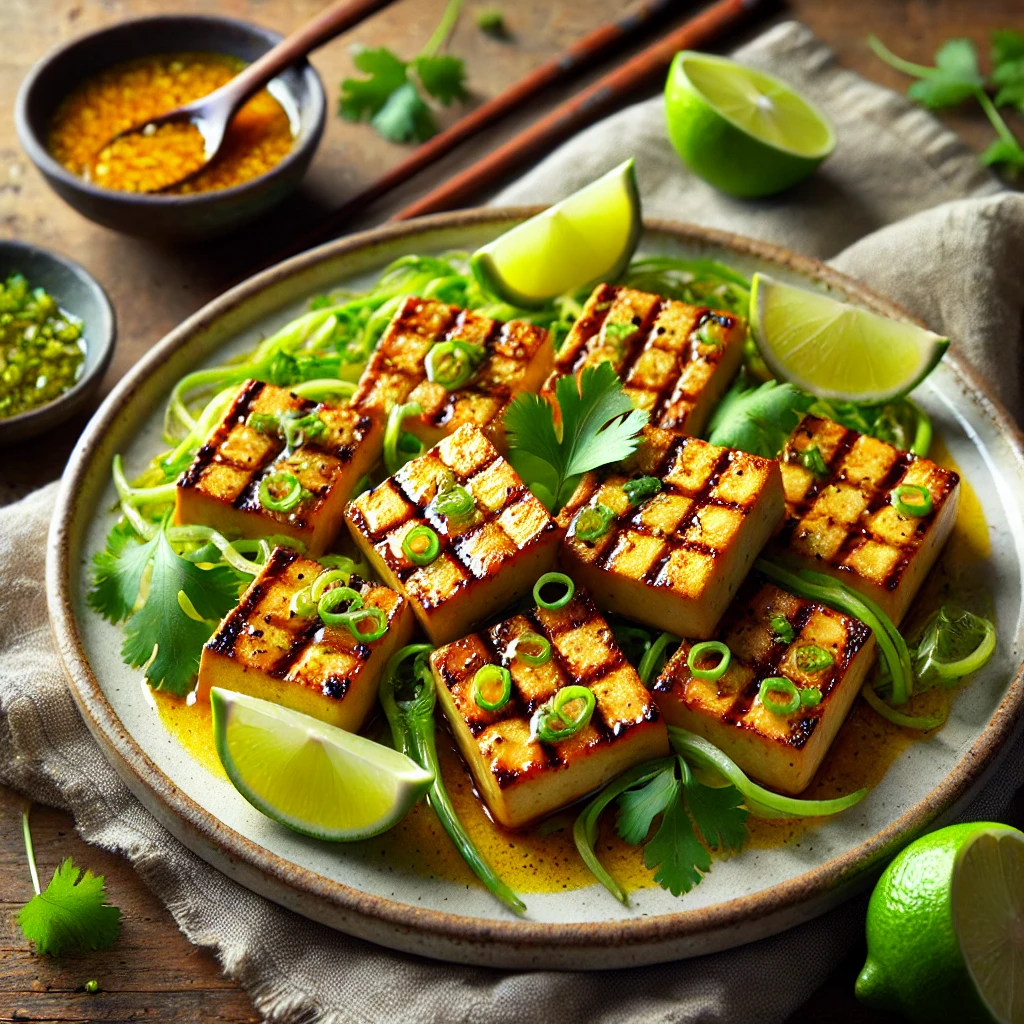 A plate of Grilled Ginger Lime Tofu with visible char marks, garnished with cilantro and green onions, served with lime wedges and a bowl of ginger lime sauce on a rustic wooden table.
