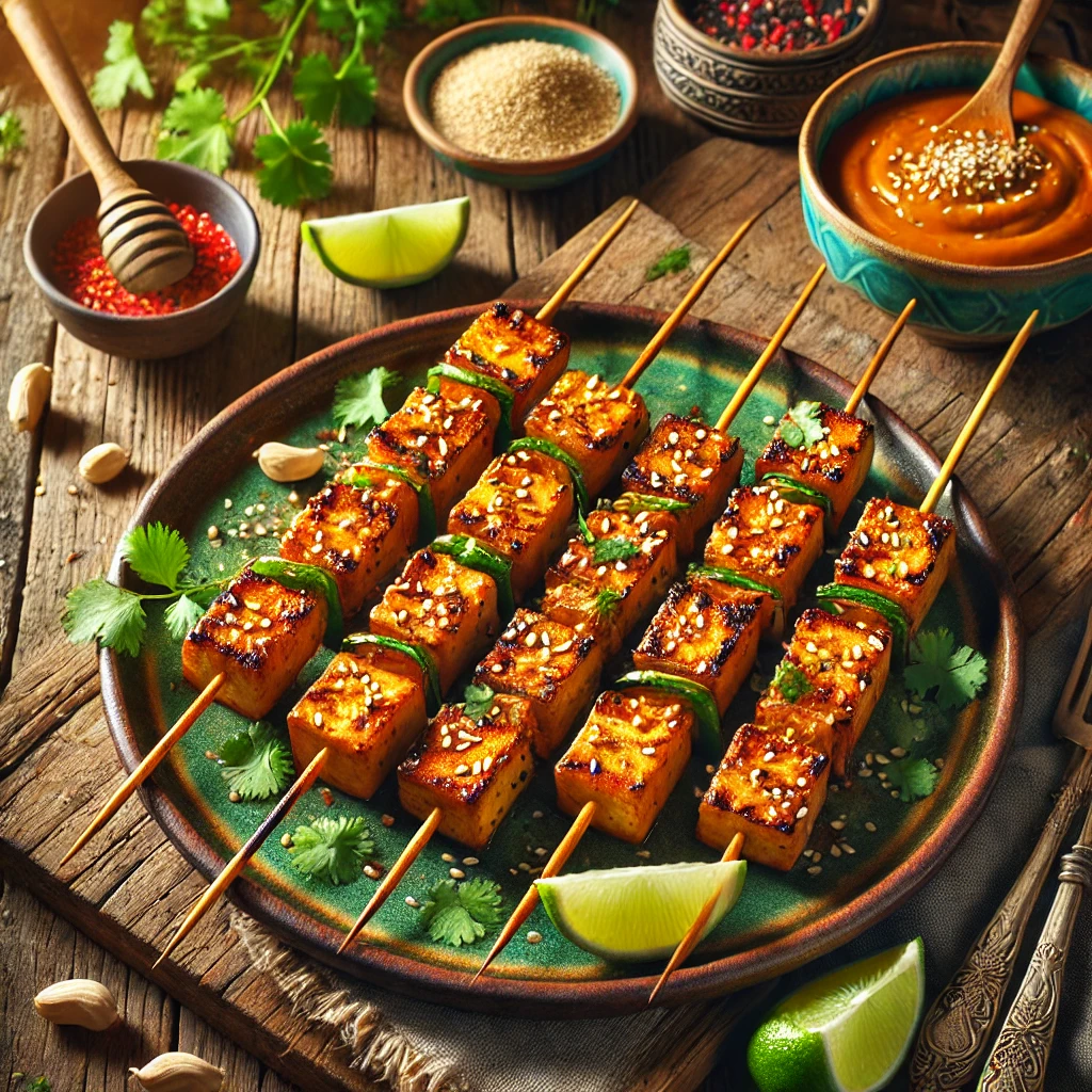 Grilled ginger soy tofu satay on wooden skewers, garnished with sesame seeds and cilantro, served with Thai peanut sauce, lime wedges, and crushed peanuts on a rustic plate in a summery setting.