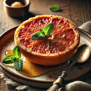A beautifully plated Grilled Grapefruit, featuring a halved grapefruit with a caramelized, golden-brown surface. The fruit is lightly sprinkled with brown sugar and cinnamon before being broiled to create a sweet, slightly crisp topping. It is garnished with fresh mint leaves and a drizzle of honey, adding an extra layer of flavor. Served on a rustic ceramic plate, the grapefruit is accompanied by a small spoon and a light dusting of powdered sugar. The plate rests on a wooden table with soft, natural lighting enhancing the warm and inviting presentation.