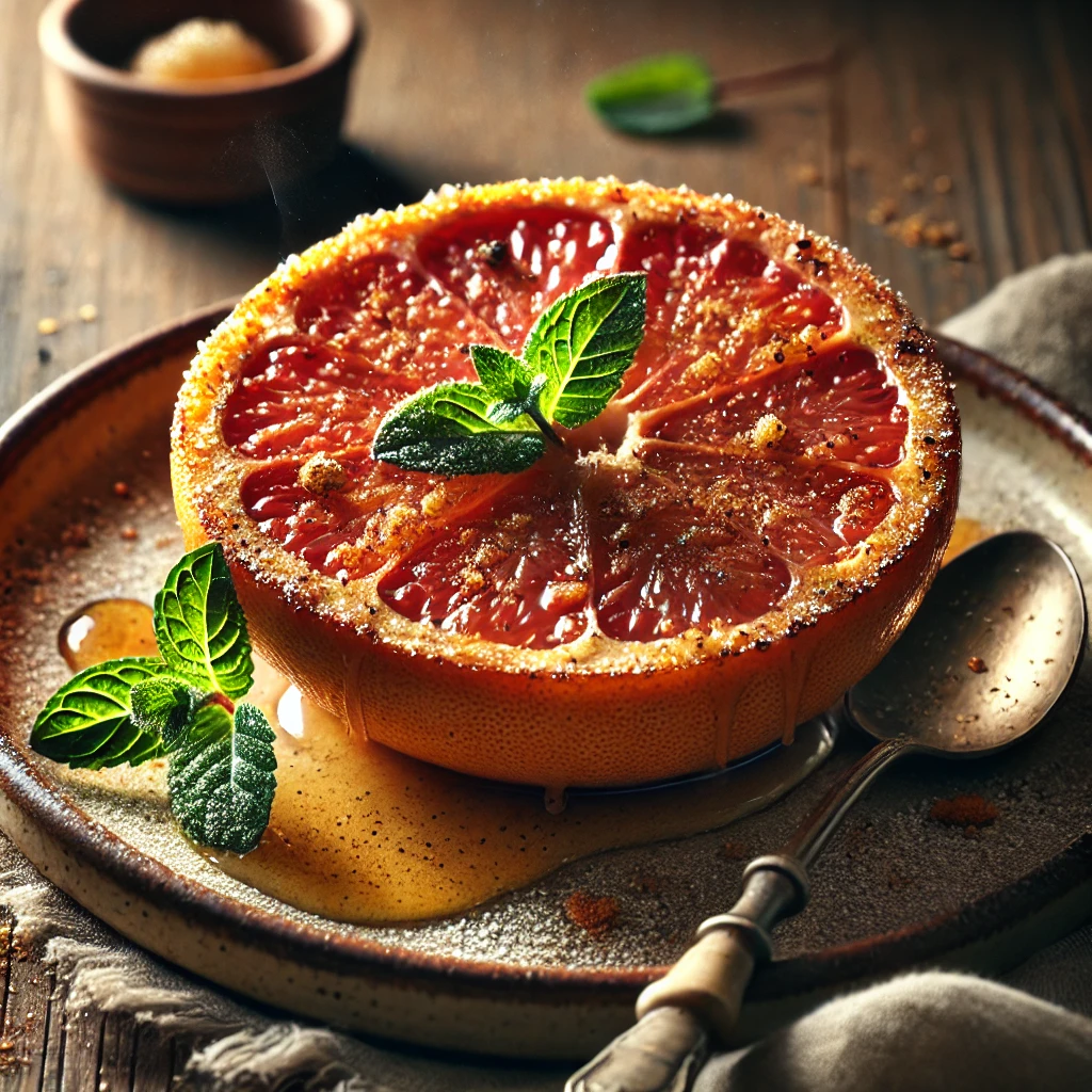 A beautifully plated Grilled Grapefruit, featuring a halved grapefruit with a caramelized, golden-brown surface. The fruit is lightly sprinkled with brown sugar and cinnamon before being broiled to create a sweet, slightly crisp topping. It is garnished with fresh mint leaves and a drizzle of honey, adding an extra layer of flavor. Served on a rustic ceramic plate, the grapefruit is accompanied by a small spoon and a light dusting of powdered sugar. The plate rests on a wooden table with soft, natural lighting enhancing the warm and inviting presentation.