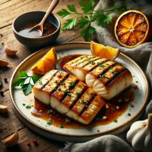 A white ceramic plate of grilled halibut with oriental sauce sits on a rustic wooden table. The halibut steaks are perfectly grilled with light char marks and a glossy glaze from the sauce. Garnished with fresh parsley and a slice of lemon, the dish is accompanied by a small bowl of oriental sauce. Scattered around the table are fresh parsley sprigs, a halved orange, a garlic clove, and soaked apple wood chips. Soft natural light highlights the golden-brown crust and vibrant colors, creating a fresh and appetizing presentation.
