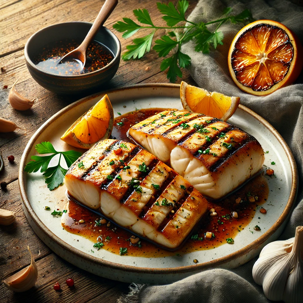 A white ceramic plate of grilled halibut with oriental sauce sits on a rustic wooden table. The halibut steaks are perfectly grilled with light char marks and a glossy glaze from the sauce. Garnished with fresh parsley and a slice of lemon, the dish is accompanied by a small bowl of oriental sauce. Scattered around the table are fresh parsley sprigs, a halved orange, a garlic clove, and soaked apple wood chips. Soft natural light highlights the golden-brown crust and vibrant colors, creating a fresh and appetizing presentation.