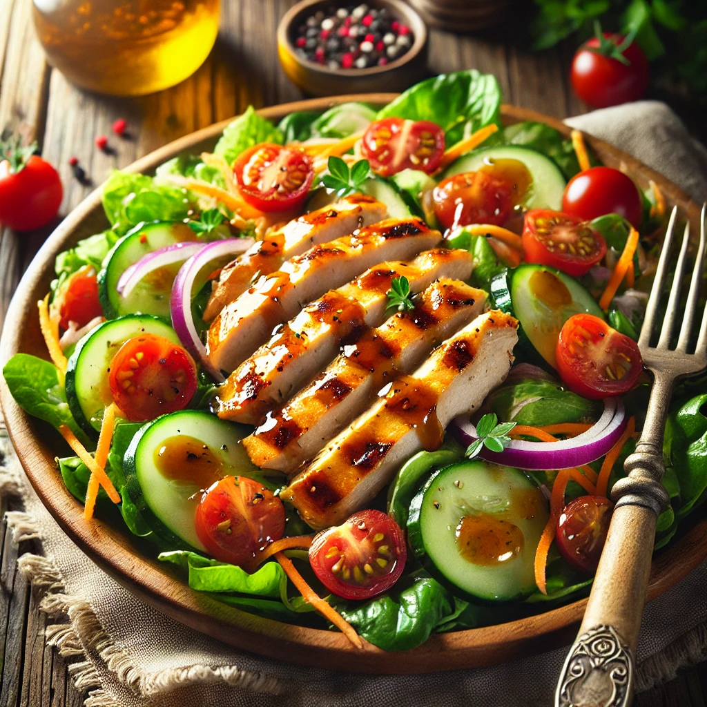 A plate of grilled honey mustard chicken salad with juicy grilled chicken slices glazed in honey mustard sauce over fresh mixed greens, cherry tomatoes, cucumber slices, red onion, and shredded carrots on a rustic wooden table. Drizzled with extra honey mustard dressing and garnished with fresh parsley, with a serving fork lifting a piece of chicken. A cozy napkin and wooden plate enhance the warm, inviting atmosphere.