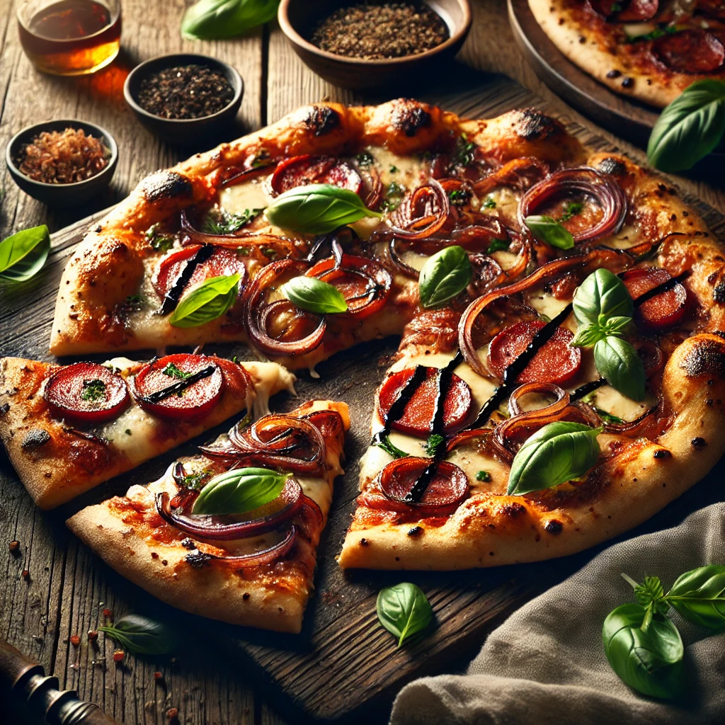 A rustic presentation of grilled kielbasa, caramelized onion, and basil pizzas, elegantly arranged on a wooden table. The pizzas have a crispy, charred crust topped with smoky grilled kielbasa slices, sweet caramelized onions, and fresh basil leaves. Melted mozzarella and a drizzle of balsamic glaze add extra depth of flavor. A few slices are cut and placed on a wooden cutting board, showcasing the hearty toppings. Scattered around are extra basil leaves, caramelized onions, and a small dish of balsamic glaze. Soft natural lighting enhances the warm and inviting feel, with gentle shadows and a hint of rustic kitchen elements in the background.