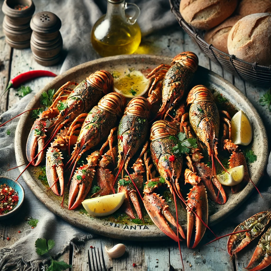 A rustic serving of Grilled Langoustines on an artisan ANTA serving plate, featuring charred shells and opaque tail meat, drizzled with a vibrant dressing of olive oil, lemon juice, coriander, red chilli, and garlic. The plate is garnished with lemon wedges and served with fresh crusty bread, styled on a weathered wooden table with soft natural lighting enhancing the seafood’s textures and vibrant colors.