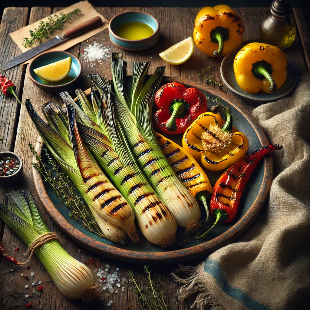A rustic ceramic platter of grilled leeks and sweet peppers sits on a wooden table. The leeks are charred with caramelized edges, and the sweet peppers, in shades of red, yellow, and orange, are slightly blistered. The dish is garnished with fresh thyme and parsley, with a drizzle of olive oil and a sprinkle of sea salt for added flavor. A small bowl of olive oil, a lemon wedge, and a folded linen napkin complete the fresh and inviting presentation. Soft natural light highlights the smoky textures and vibrant colors.