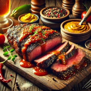 Grilled London Broil steak topped with a glossy glaze of tomato paste, mustard, and cracked black pepper, served sliced on a rustic wooden platter. The dish is accompanied by small bowls of marinade ingredients, including Worcestershire sauce and rice vinegar, and garnished with fresh herbs, presented on a warm, cozy wooden table with soft lighting highlighting the steak's rich textures and flavors.