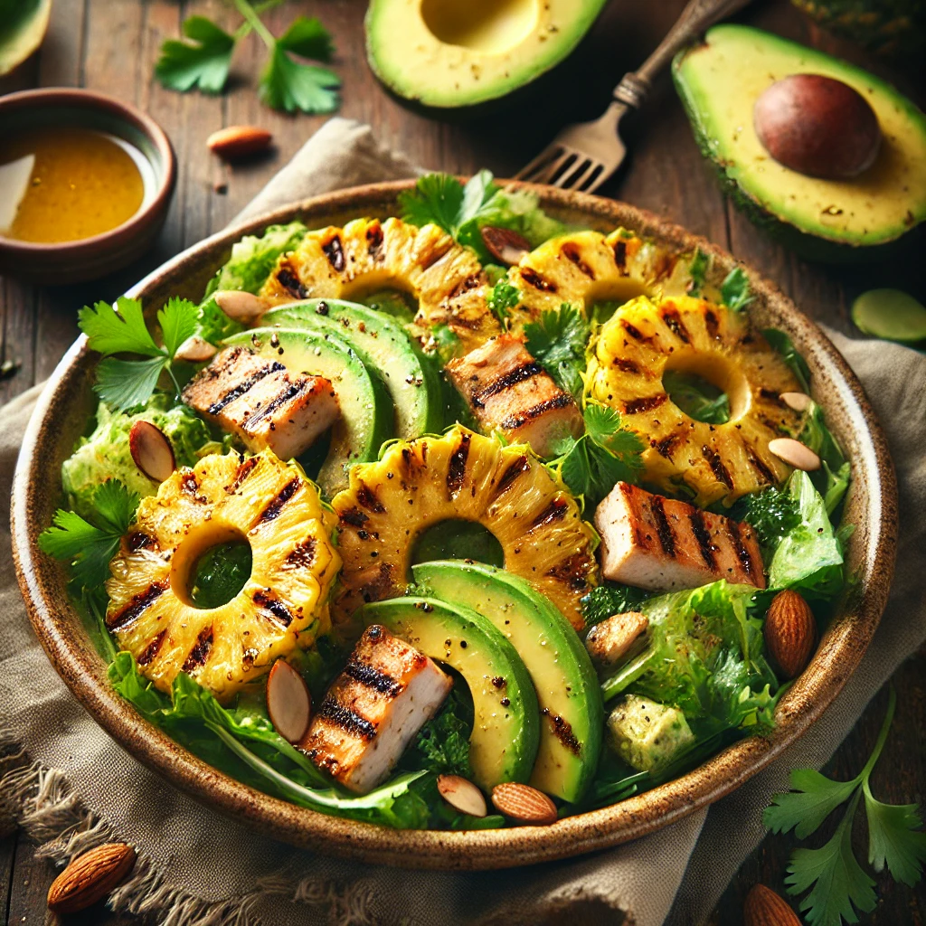 Juicy grilled pineapple slices, tender grilled chicken strips, and creamy avocado chunks over fresh mixed greens, tossed with honey-lime dressing and garnished with toasted almonds and cilantro.