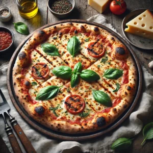 A grilled pizza with a golden, slightly charred crust featuring visible grill marks sits on a rustic wooden table. The pizza is topped with melted cheese, a thin layer of tomato sauce, and fresh basil leaves. Surrounding the pizza are fresh basil, a block of cheese, a small bowl of olive oil, and a dish of tomato sauce. A folded linen napkin and grilling utensils complete the cozy presentation.