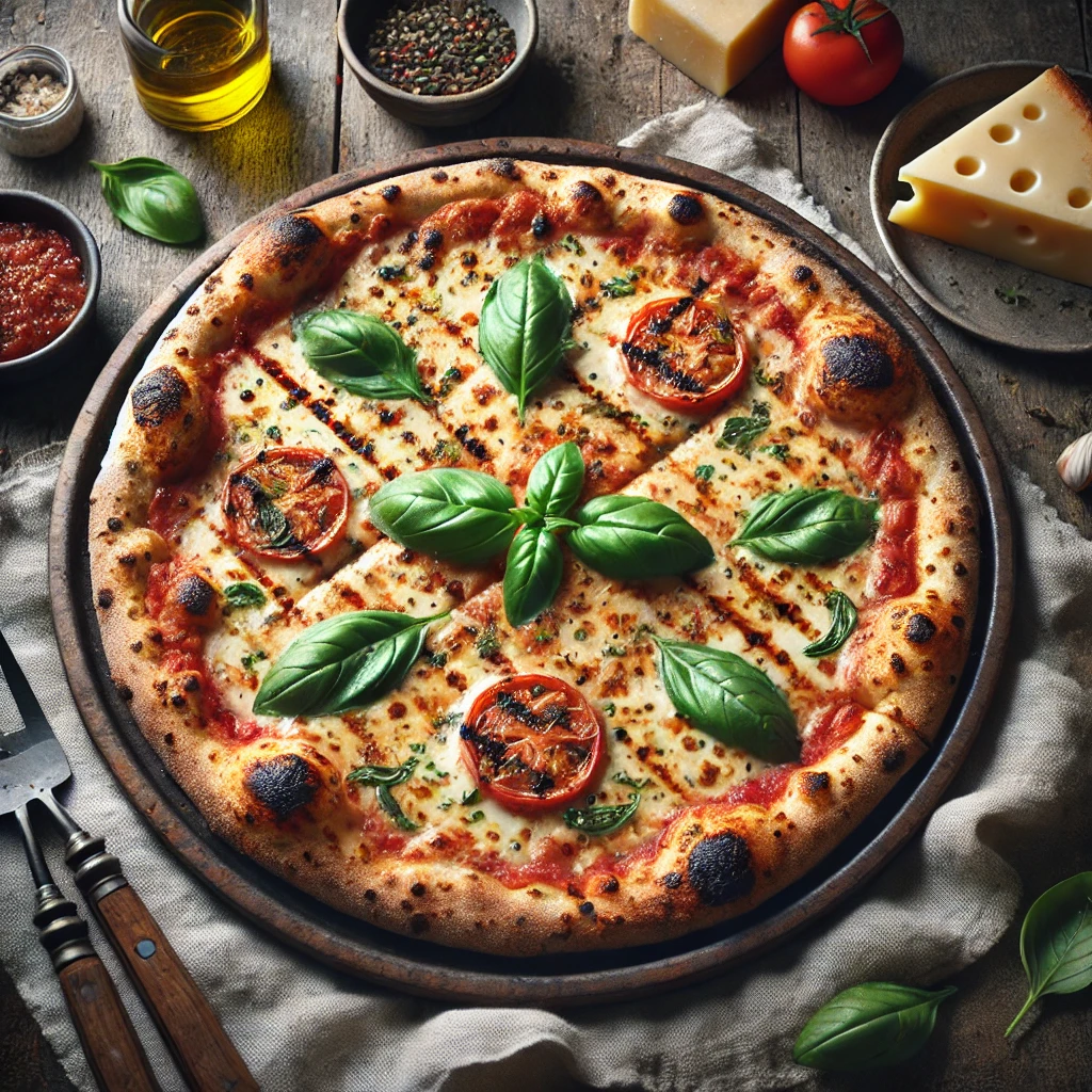 A grilled pizza with a golden, slightly charred crust featuring visible grill marks sits on a rustic wooden table. The pizza is topped with melted cheese, a thin layer of tomato sauce, and fresh basil leaves. Surrounding the pizza are fresh basil, a block of cheese, a small bowl of olive oil, and a dish of tomato sauce. A folded linen napkin and grilling utensils complete the cozy presentation.