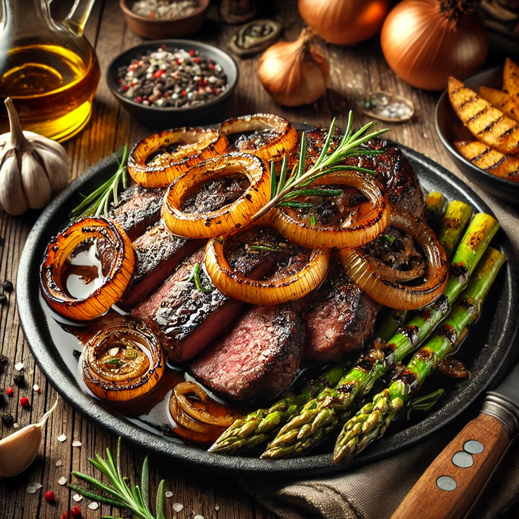 Juicy, sliced skirt steak topped with caramelized balsamic onions, garnished with fresh rosemary, and served with roasted potatoes and grilled asparagus.