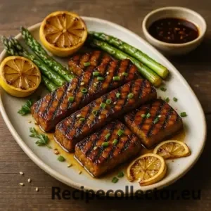 A 600×600 photoreal close food photo—tamari-maple glazed grilled tempeh with deep grill marks on a matte off-white oval plate, served with roasted asparagus and charred lemon slices plus a small ramekin of soy-ginger sauce; shallow depth-of-field, soft natural side/back light; on the same rustic plank wooden table as the reference; no text on the image.