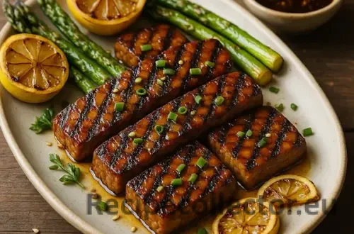 A 600×600 photoreal close food photo—tamari-maple glazed grilled tempeh with deep grill marks on a matte off-white oval plate, served with roasted asparagus and charred lemon slices plus a small ramekin of soy-ginger sauce; shallow depth-of-field, soft natural side/back light; on the same rustic plank wooden table as the reference; no text on the image.