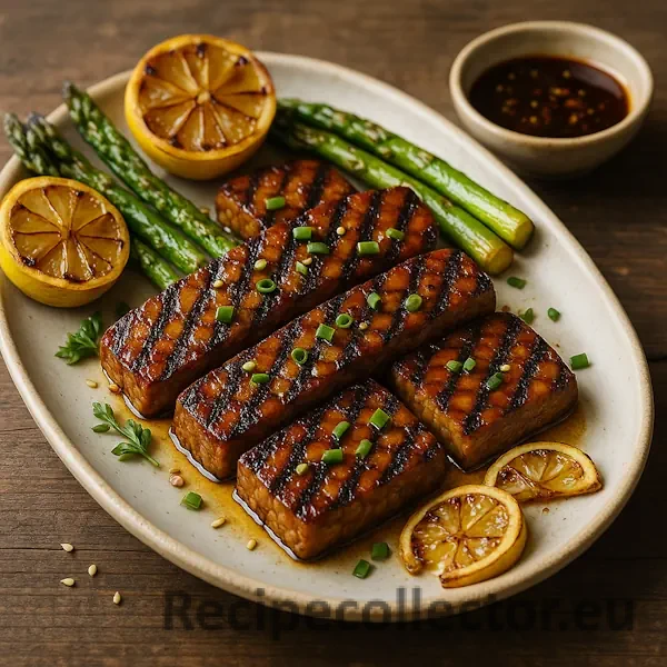 A 600×600 photoreal close food photo—tamari-maple glazed grilled tempeh with deep grill marks on a matte off-white oval plate, served with roasted asparagus and charred lemon slices plus a small ramekin of soy-ginger sauce; shallow depth-of-field, soft natural side/back light; on the same rustic plank wooden table as the reference; no text on the image.