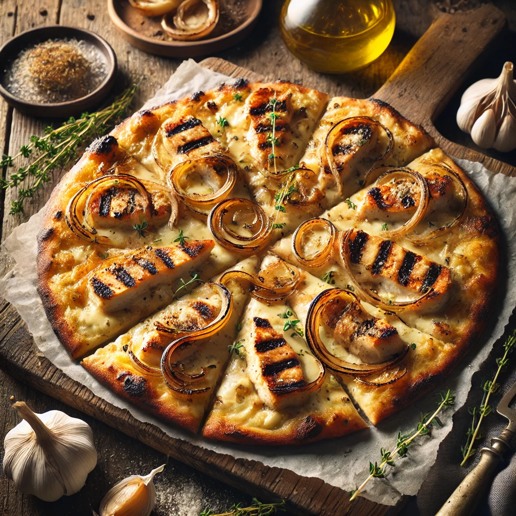 A rustic presentation of grilled white chicken pizza with caramelized sweet onions, elegantly arranged on a wooden table. The pizza has a crispy, charred crust topped with a creamy garlic sauce, tender grilled chicken slices, and golden caramelized onions. Melted mozzarella and Parmesan cheese add a rich, savory flavor. A few slices are cut and placed on a wooden cutting board, showcasing the delicious layers. Scattered around are fresh thyme sprigs, roasted garlic cloves, and a drizzle of olive oil. Soft natural lighting enhances the warm and inviting feel, with gentle shadows and a hint of rustic kitchen elements in the background.