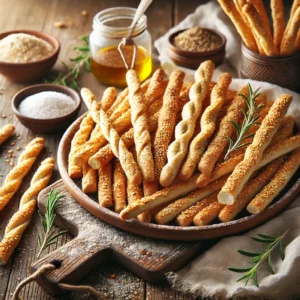 A plate of freshly baked grissini sticks on a rustic wooden table, featuring golden brown, thin, and crispy Italian breadsticks with a slightly twisted shape. Some are sprinkled with sesame seeds, coarse salt, or dried herbs for added flavor. A few broken grissini reveal their crunchy texture. The plate rests on a wooden cutting board, with scattered flour, fresh rosemary, and a small dish of olive oil nearby. Soft natural lighting enhances the warm, inviting tones.
