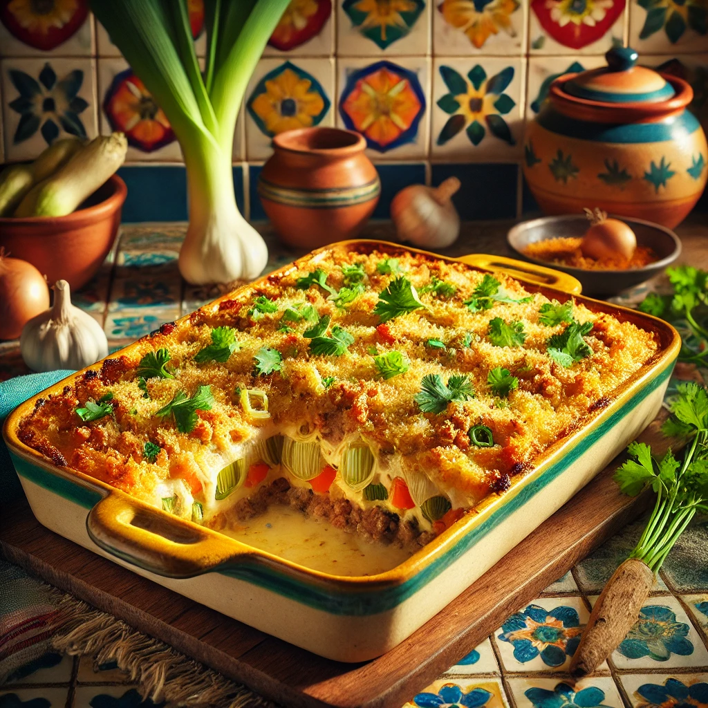 A rustic ceramic baking dish filled with a golden, bubbly ground pork and cheese casserole, garnished with fresh cilantro. The casserole has layers of seasoned pork, leeks, carrots, and pimiento, topped with golden breadcrumbs. It sits in a bright Mexican-style kitchen with colorful tiles and pottery, surrounded by fresh ingredients like leeks, garlic, and cilantro, with natural sunlight enhancing the vibrant colors and cozy feel.