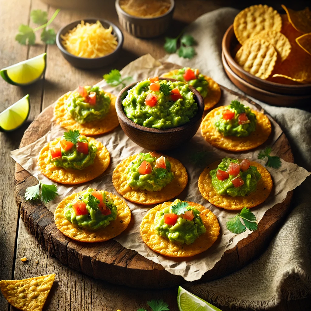 A rustic presentation of guacamole-cheese crisps, elegantly arranged on a wooden table. The crisps are golden, baked cheese rounds topped with a dollop of creamy guacamole and garnished with diced tomatoes and fresh cilantro. They are neatly placed on a wooden serving board with a small bowl of extra guacamole on the side. Scattered around are lime wedges, shredded cheese, and tortilla chips for added texture. Soft natural lighting enhances the warm and inviting feel, with gentle shadows and a hint of rustic kitchen elements in the background.