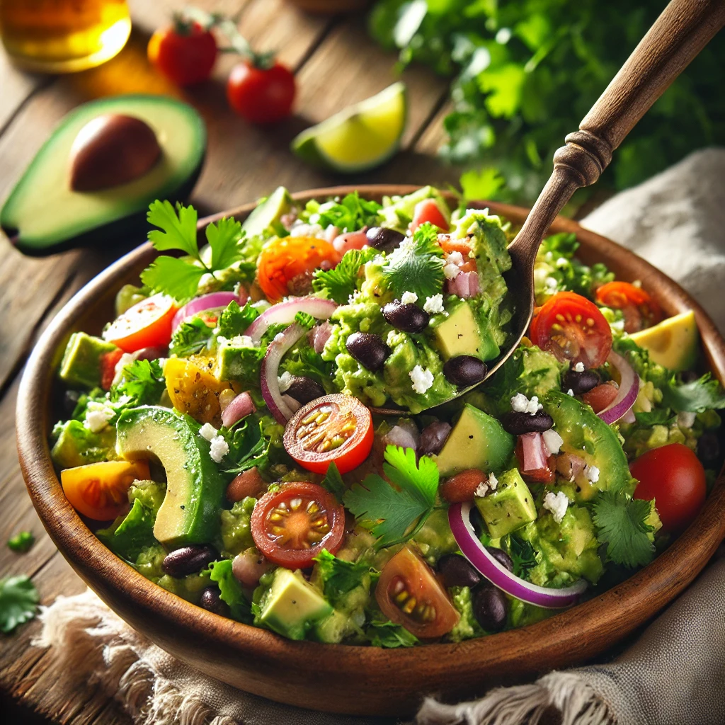 A bowl of guacamole salad with diced avocados, cherry tomatoes, red onion, and black beans, tossed in a zesty lime dressing on a rustic wooden table. Garnished with fresh cilantro and crumbled cotija cheese, with a serving spoon lifting a portion to showcase the fresh ingredients. A cozy napkin and wooden plate enhance the warm, inviting atmosphere.