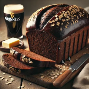 A freshly baked Guinness and treacle bread on a rustic wooden table, featuring a dark, rich brown crust with a slightly glossy finish. A few slices are cut to reveal the dense, moist interior with a soft crumb. The loaf rests on a wooden cutting board, with scattered oats, a butter knife, and a small dish of butter nearby. Soft natural lighting enhances the warm, rustic tones.