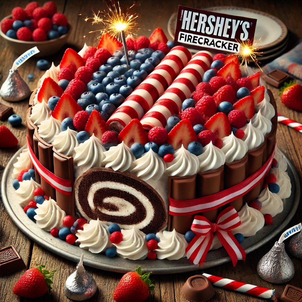 A festive HERSHEY'S Firecracker Cake on a rustic wooden table, featuring a chocolate roll cake covered in whipped topping and decorated with red raspberries, blueberries, and halved strawberries in a patriotic stripe pattern. HERSHEY'S chocolates accent the design, with a TWIZZLERS Strawberry Twist as the "wick" on top. Scattered chocolate pieces and berries complete the celebratory presentation.