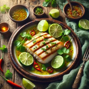 A vibrant and appetizing photo of grilled halibut fillets with a Thai lemongrass marinade served on a rustic wooden plate. The halibut features a golden char, drizzled with a zesty lemongrass and lime sauce, and is garnished with fresh cilantro, red chili slices, and lime wedges. The presentation is enhanced by the rustic wooden table, with small bowls of marinade and herbs placed around. Soft natural light brightens the scene, emphasizing freshness and inviting warmth.