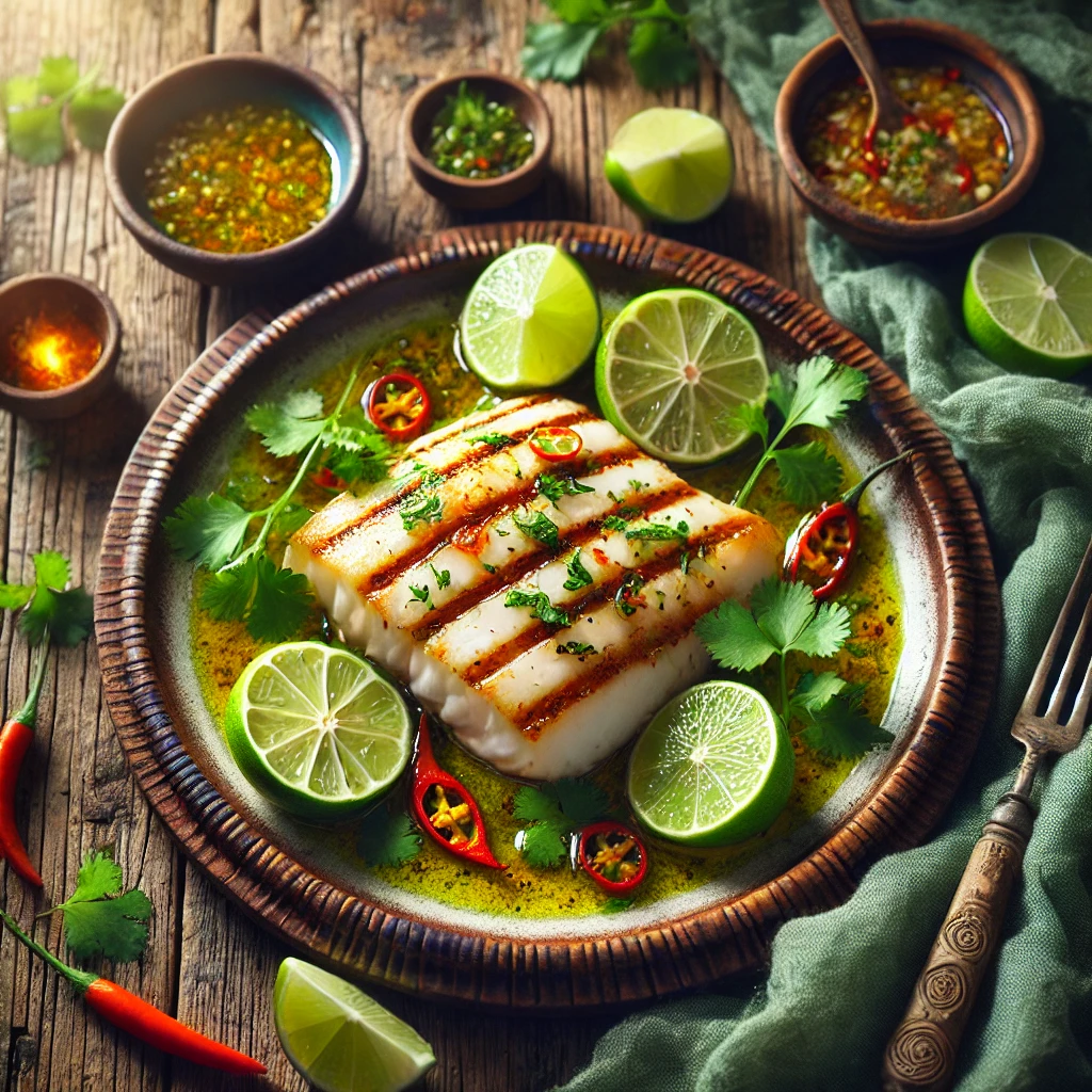 A vibrant and appetizing photo of grilled halibut fillets with a Thai lemongrass marinade served on a rustic wooden plate. The halibut features a golden char, drizzled with a zesty lemongrass and lime sauce, and is garnished with fresh cilantro, red chili slices, and lime wedges. The presentation is enhanced by the rustic wooden table, with small bowls of marinade and herbs placed around. Soft natural light brightens the scene, emphasizing freshness and inviting warmth.