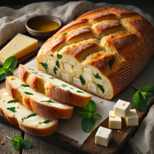 A freshly baked halloumi and mint bread on a rustic wooden table, featuring a golden, crusty exterior with pieces of halloumi cheese visible on the surface. A few slices are cut to reveal the soft, airy interior, infused with fresh mint and chunks of halloumi. The loaf rests on a wooden cutting board, with scattered mint leaves, cheese crumbles, and a small dish of olive oil nearby. Soft natural lighting enhances the warm, Mediterranean tones.