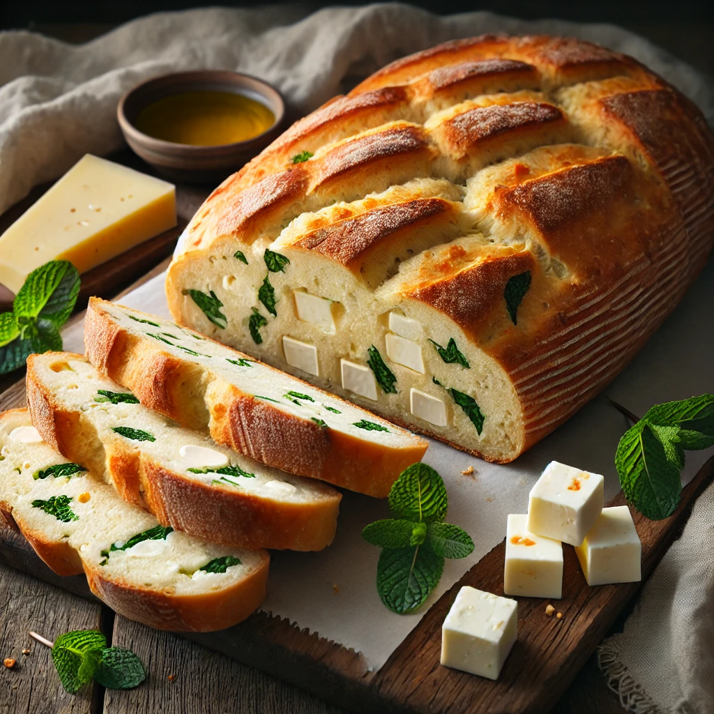 A freshly baked halloumi and mint bread on a rustic wooden table, featuring a golden, crusty exterior with pieces of halloumi cheese visible on the surface. A few slices are cut to reveal the soft, airy interior, infused with fresh mint and chunks of halloumi. The loaf rests on a wooden cutting board, with scattered mint leaves, cheese crumbles, and a small dish of olive oil nearby. Soft natural lighting enhances the warm, Mediterranean tones.