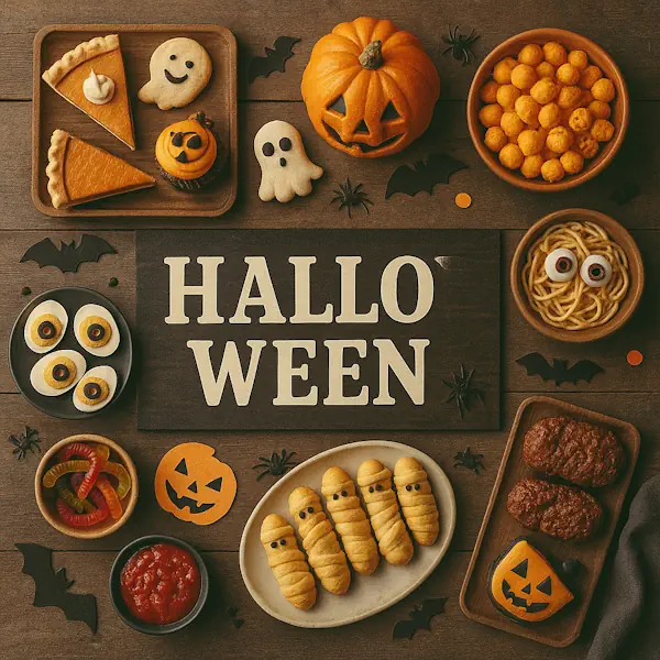 Top-down view of a rustic wooden table featuring a spooky Halloween spread arranged around a central sign labeled HALLOWEEN. Includes pumpkin pie, ghost-shaped cookies, mummy-wrapped sausages, spaghetti with eyeballs, cheese balls, gummy worms, eyeball treats, and jack-o’-lantern decorations, all surrounded by playful Halloween accents like bats and spiders.