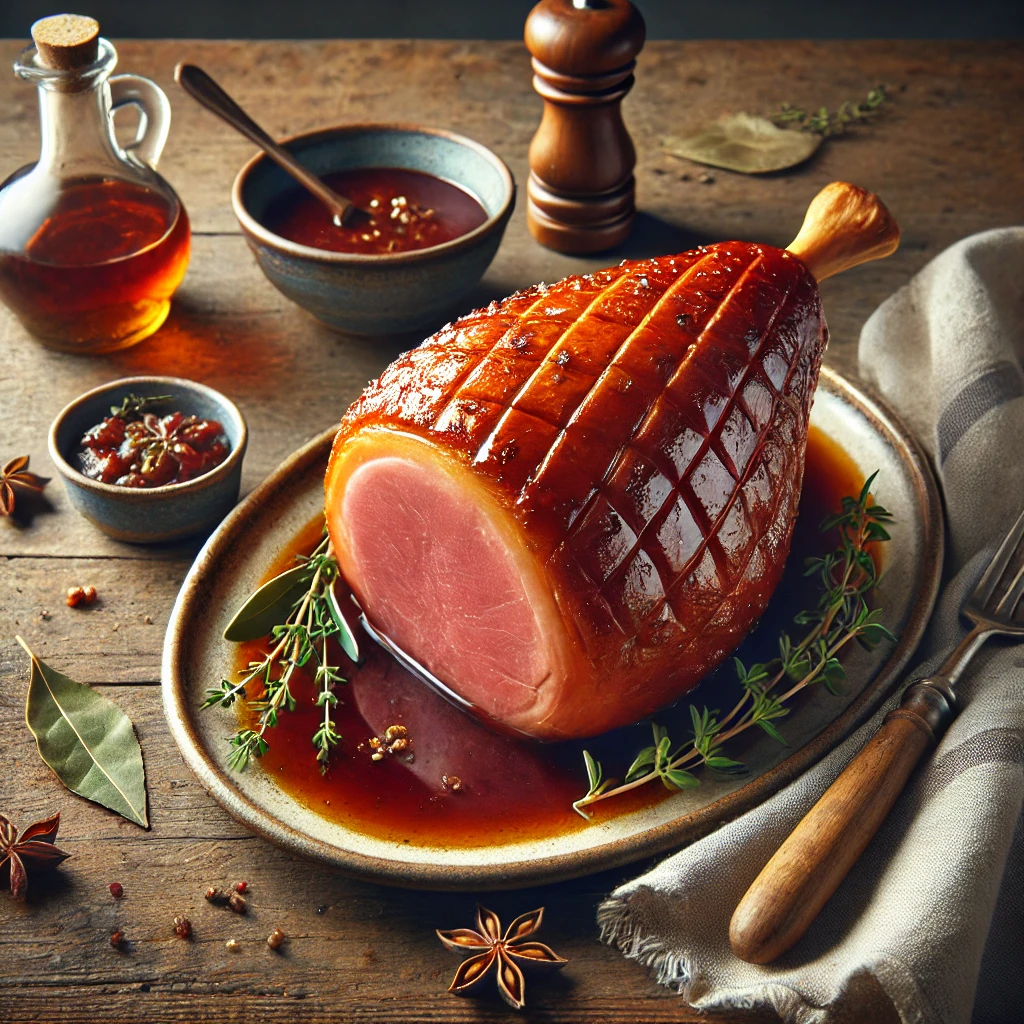 A rustic ceramic platter of ham basted with a rich wine sauce sits on a wooden table. The ham is golden brown with a glossy glaze from the sauce. Beside the ham is a small bowl of wine sauce, garnished with fresh thyme and a bay leaf. The setup includes a folded linen napkin, a small bottle of sherry, and a wooden spoon. Soft natural light highlights the glossy texture of the ham and the vibrant sauce, creating a warm and appetizing presentation.