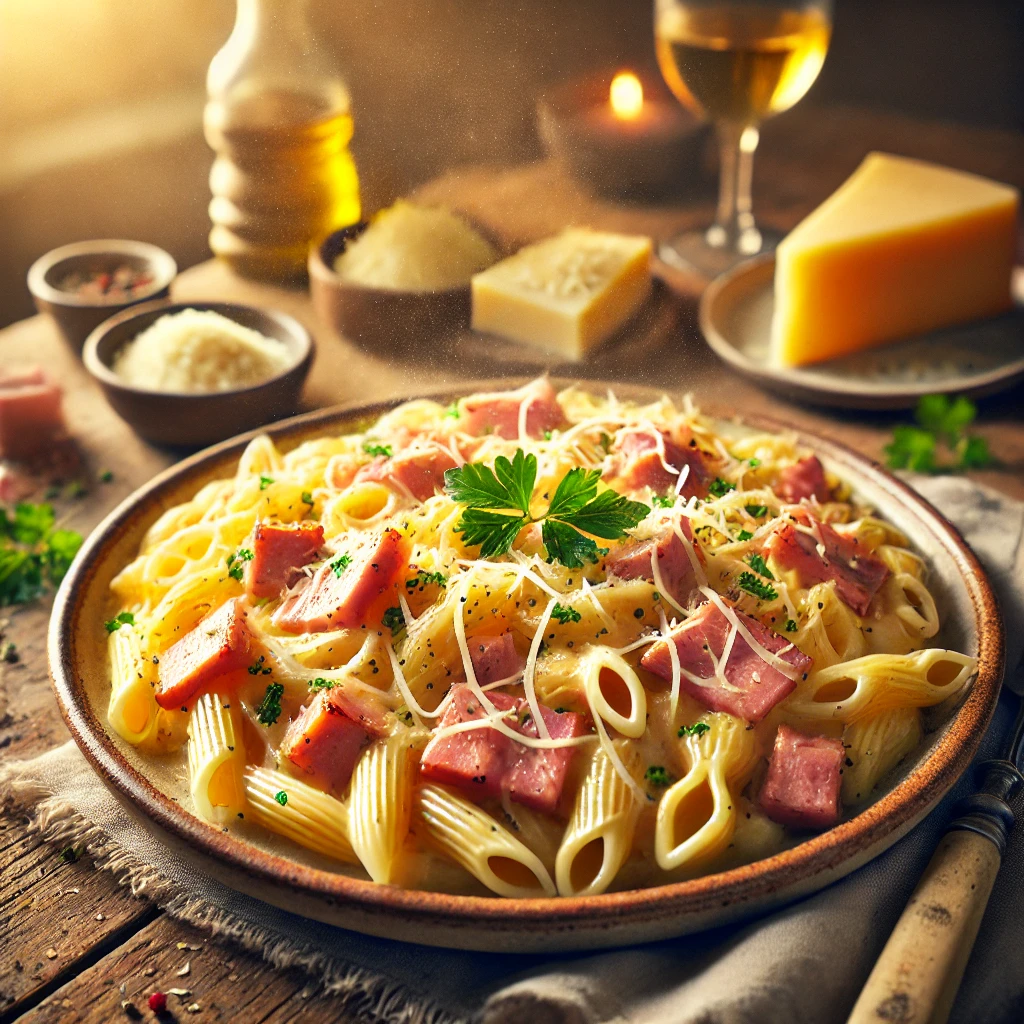 Ham and Cheese Pasta on a rustic ceramic plate, featuring tender pasta in a creamy cheese sauce with diced ham, garnished with parsley and Parmesan. Set on a wooden table with a small bowl of cheese and a glass of white wine in the softly blurred background.