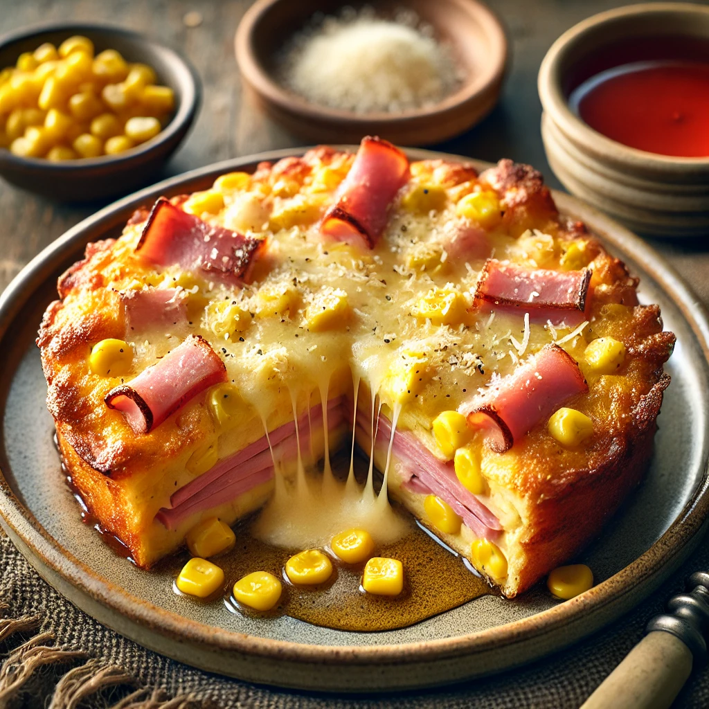 A beautifully plated Ham and Corn Casserole, golden brown on top with a cheesy, egg-based filling. The casserole is sliced to reveal tender chunks of smoked ham, sweet corn, and melted Swiss cheese. A light dusting of Parmesan cheese adds a crisp finish. The dish is served on a rustic ceramic plate, placed on a wooden table with a side of warm maple syrup for drizzling. Soft, natural lighting enhances the cozy and inviting presentation.