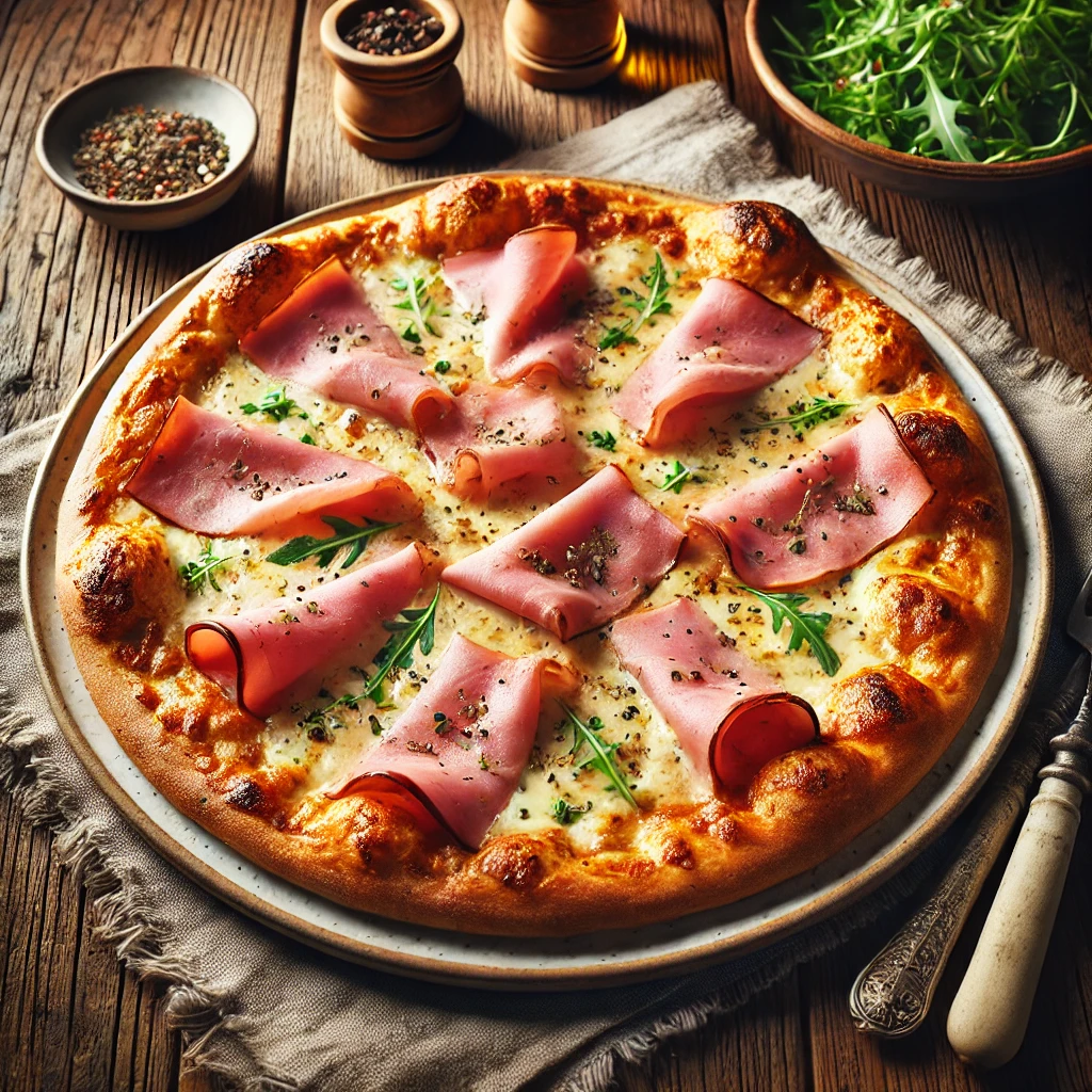 A beautifully plated Ham and Cream Pizza served on a rustic wooden table. The dish features a golden, crispy thin crust topped with a rich creamy sauce, thinly sliced ham, and melted mozzarella cheese. Garnished with fresh chives and a sprinkle of black pepper. Served on a white ceramic plate with a side of arugula salad. The warm wooden table is more visible, providing a cozy and inviting setting.