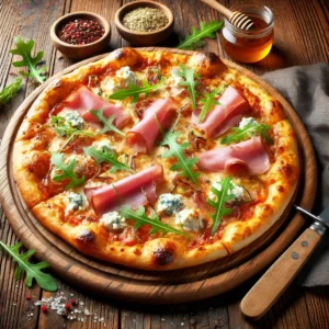 A beautifully plated Ham and Gorgonzola Pizza served on a rustic wooden table. The pizza features a crispy golden crust topped with thinly sliced ham, creamy melted Gorgonzola cheese, and caramelized onions. Garnished with fresh arugula and a drizzle of honey. Arranged on a wooden pizza board with a side of crushed red pepper flakes. The warm wooden table is more visible, providing a cozy and inviting setting.